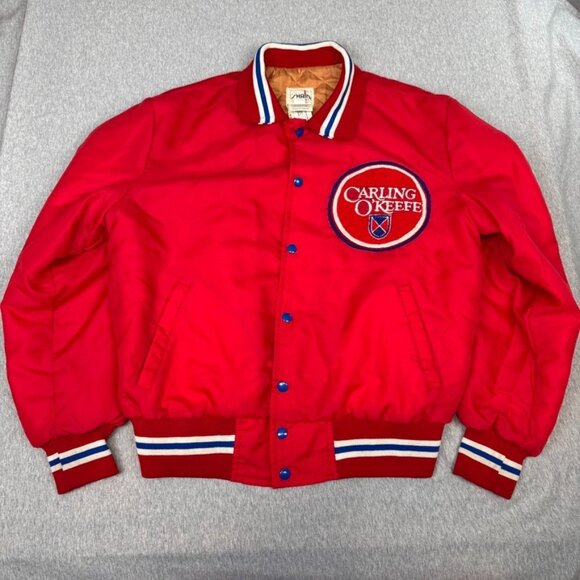 Vintage Shain Canada Satin 90s Varsity Red Jacket Carling Okeefe Men's Size L - Picture 1 of 11